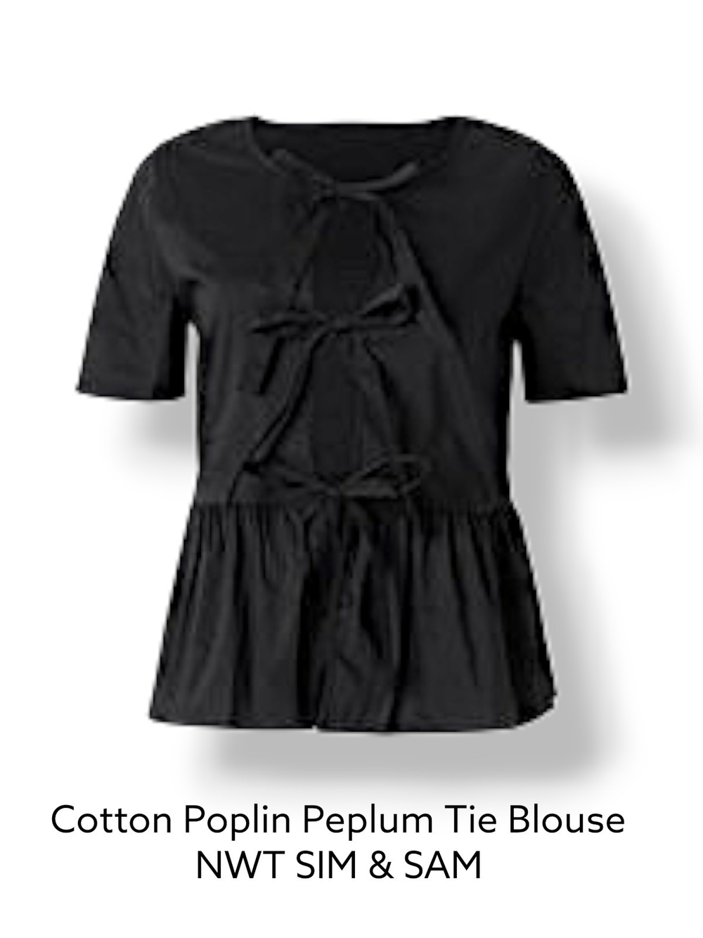 Black Cotton Poplin Peplum Tie Blouse, NWT Size Small
